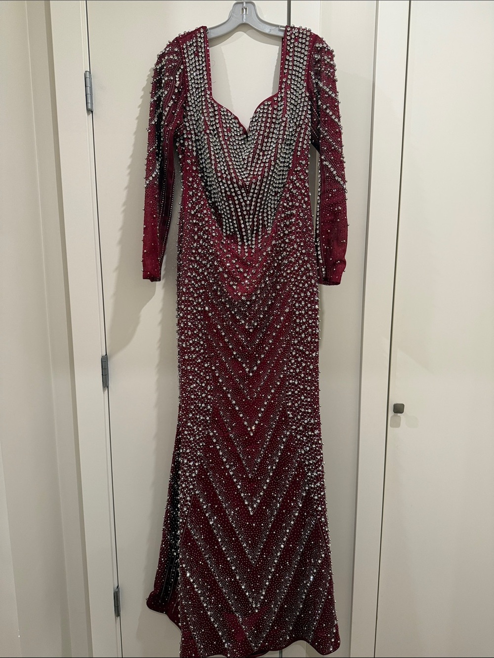Embellished Burgundy Evening Gown - Sparkling V-Detail